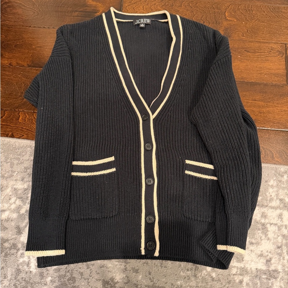 J. Crew Black Cardigan with Cream Trim — V‑Neck Button Sweater